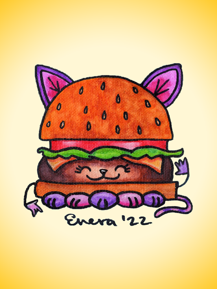 catburger on yellow background. the burger has a smiling cat face with purple and pink paws, ears, hands, and a tail. there is cheese, a tomato, and lettuce.